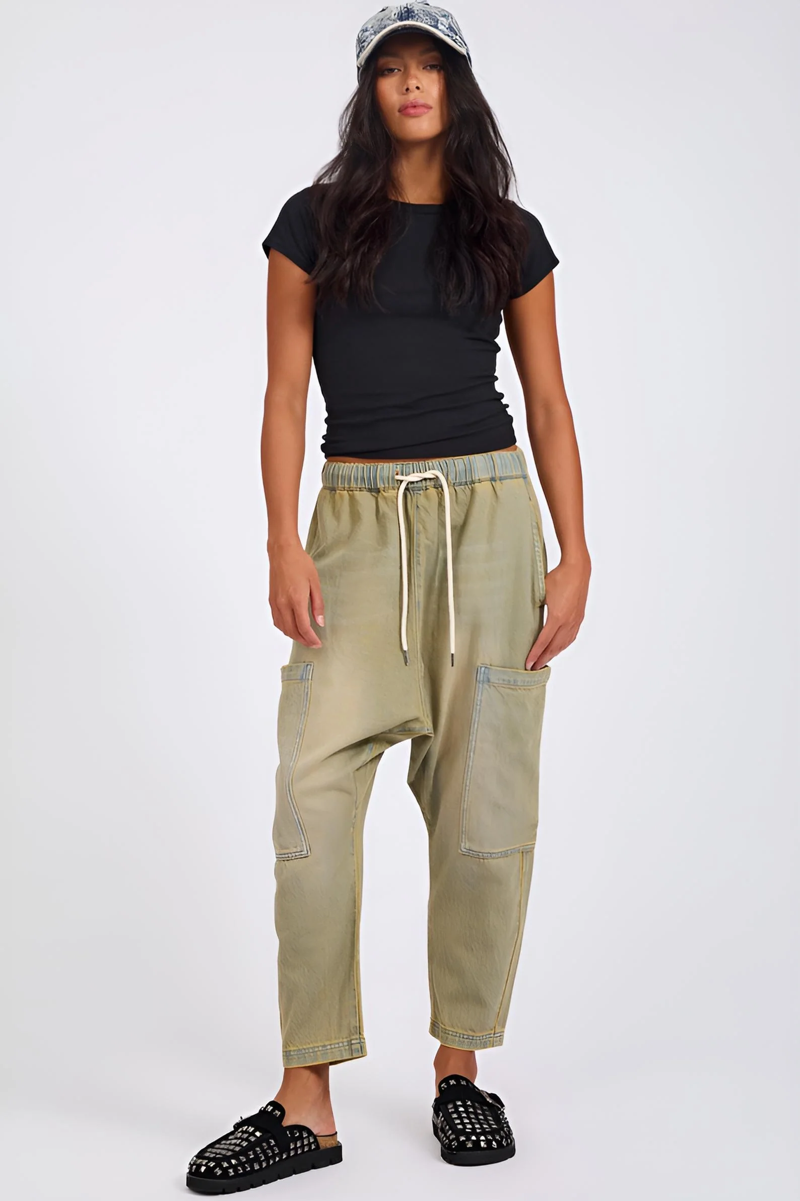 ONE TEASPOON Womens Isla Low Waist Drawstring Harem Denim Jeans in Warm Khaki