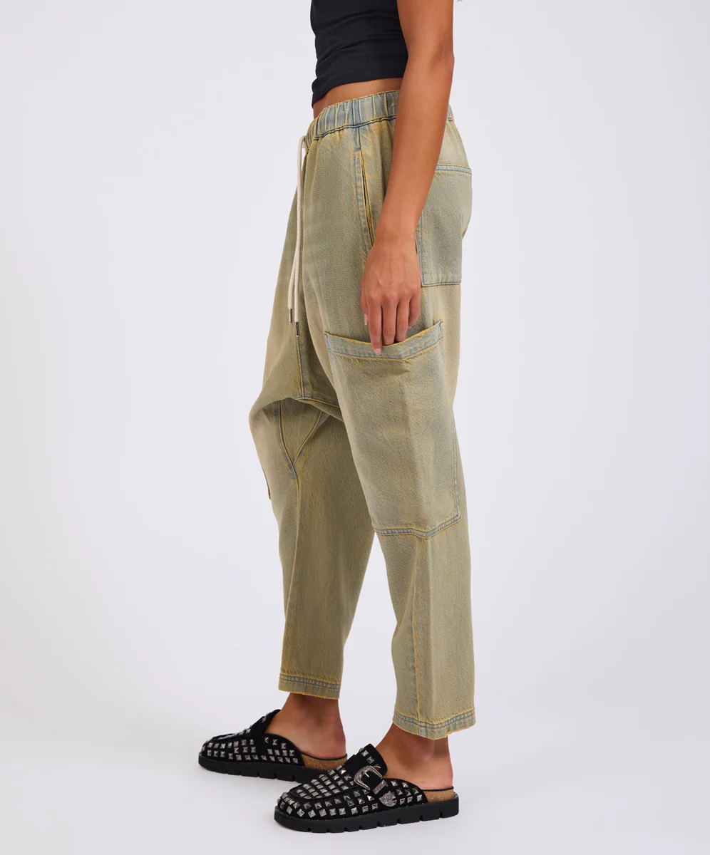 ONE TEASPOON Womens Isla Low Waist Drawstring Harem Denim Jeans in Warm Khaki - Image 3