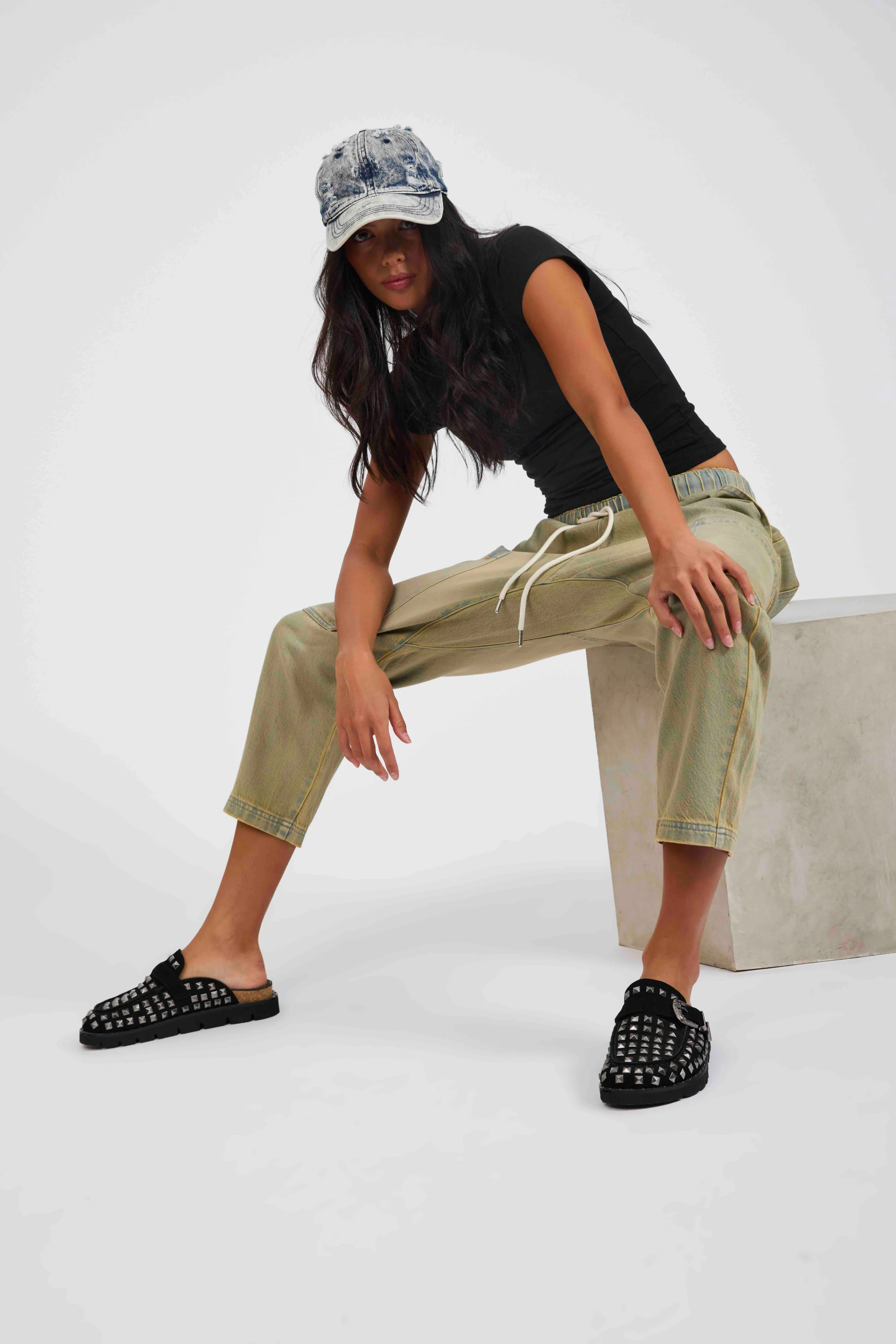 ONE TEASPOON Womens Isla Low Waist Drawstring Harem Denim Jeans in Warm Khaki - Image 6