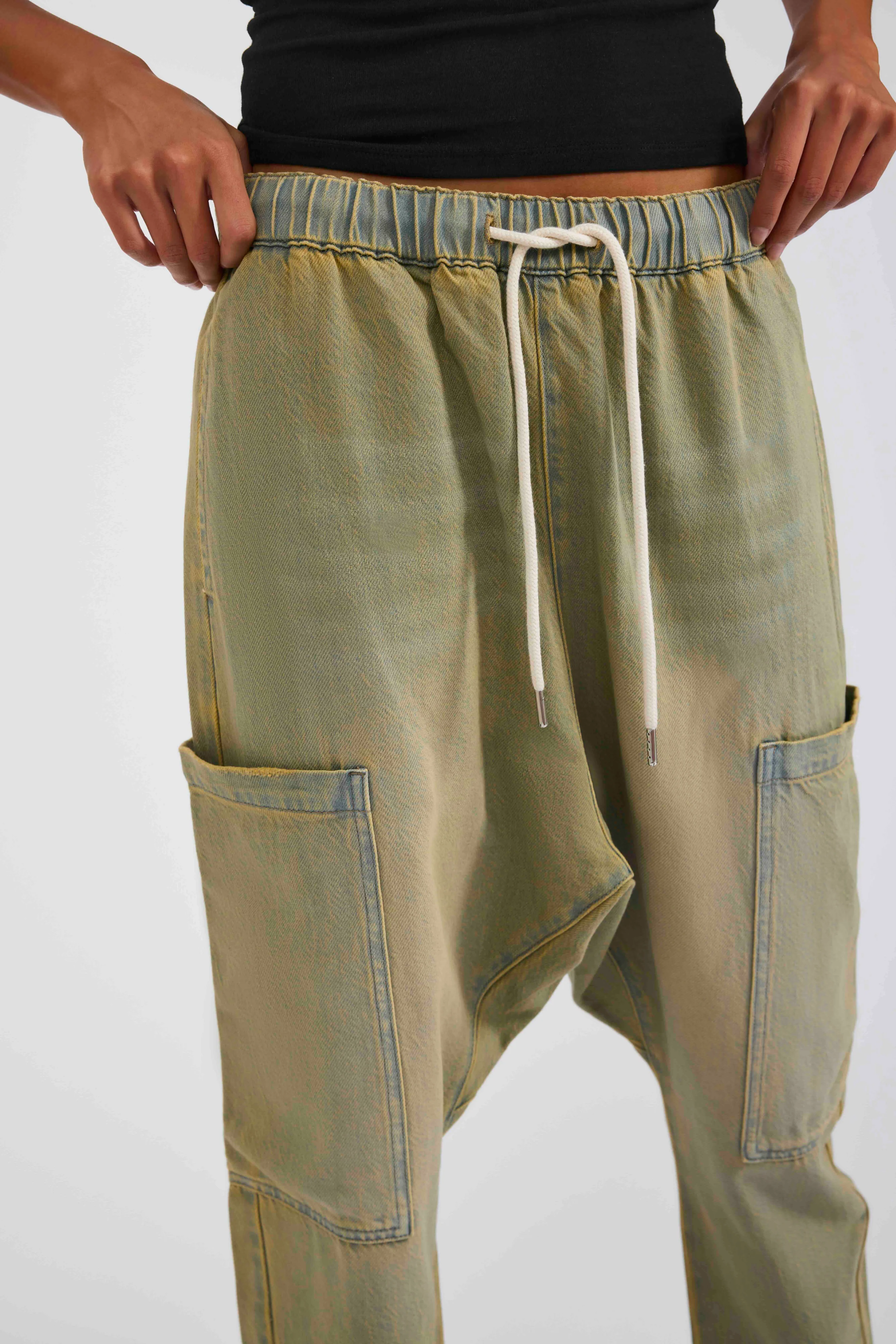 ONE TEASPOON Womens Isla Low Waist Drawstring Harem Denim Jeans in Warm Khaki - Image 7