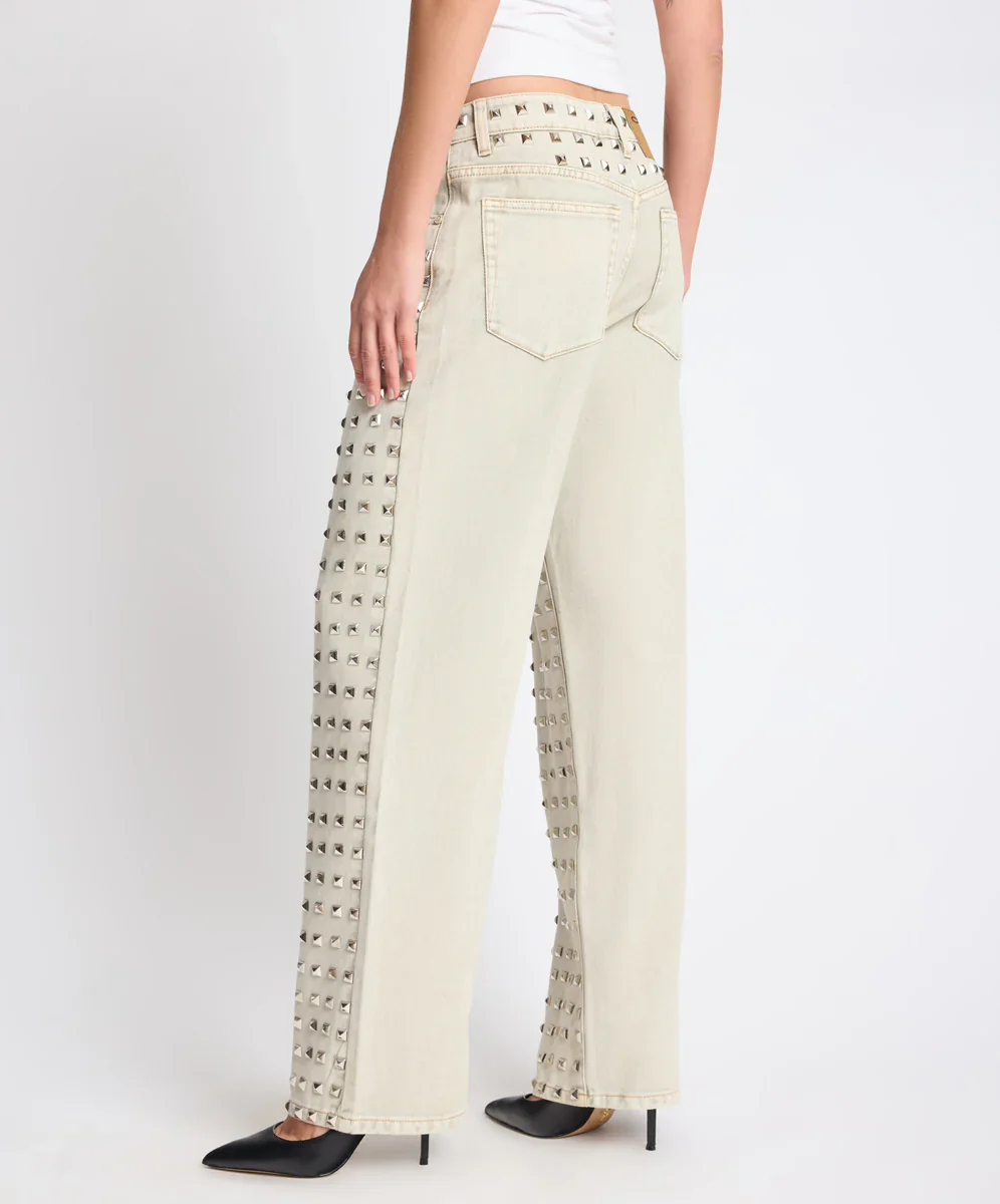 ONE TEASPOON Womens Jackson Mid Waist Wide Leg Studded Denim Jeans in Antique Khaki - Image 10