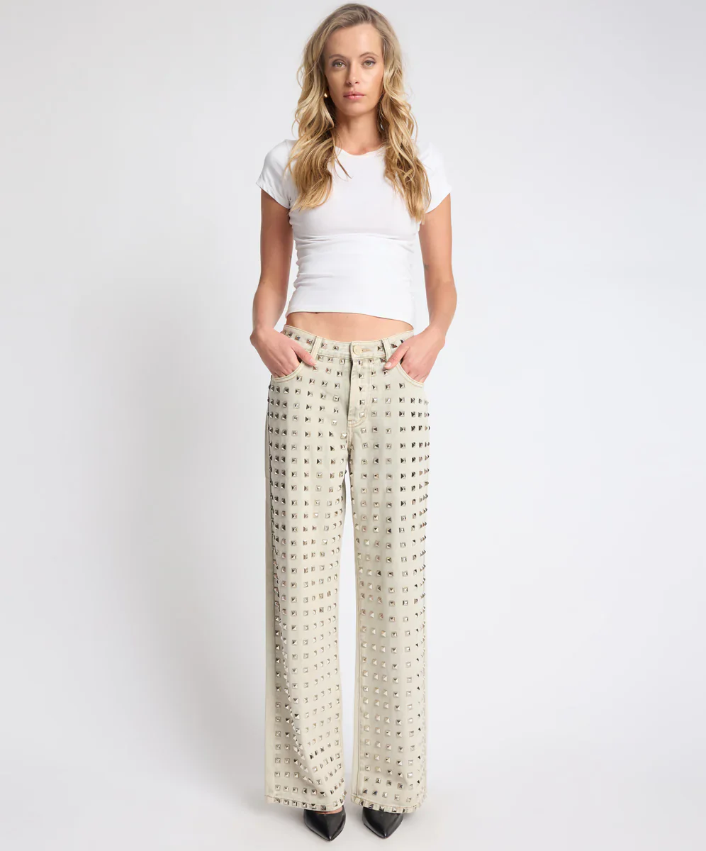 ONE TEASPOON Womens Jackson Mid Waist Wide Leg Studded Denim Jeans in Antique Khaki - Image 4