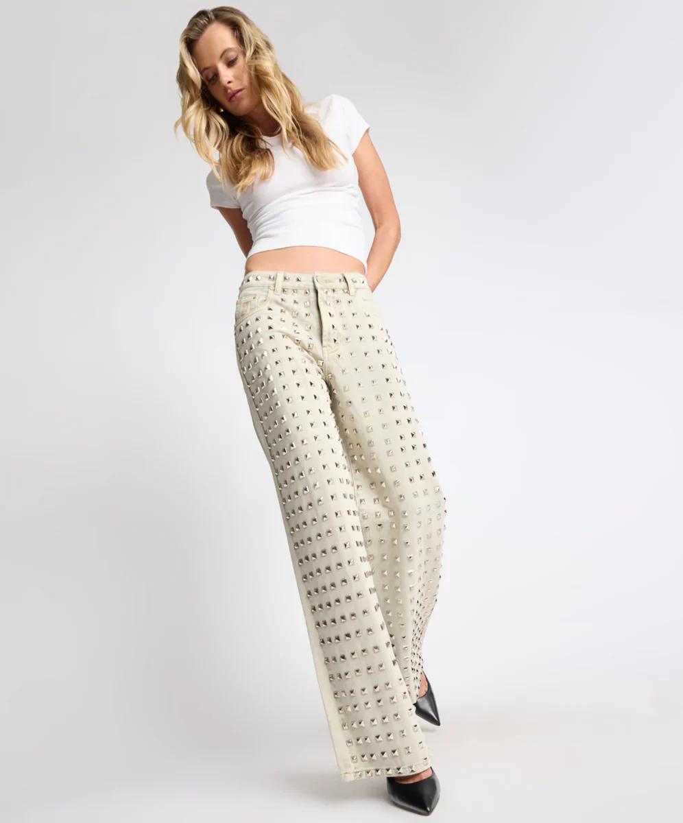 ONE TEASPOON Womens Jackson Mid Waist Wide Leg Studded Denim Jeans in Antique Khaki - Image 5