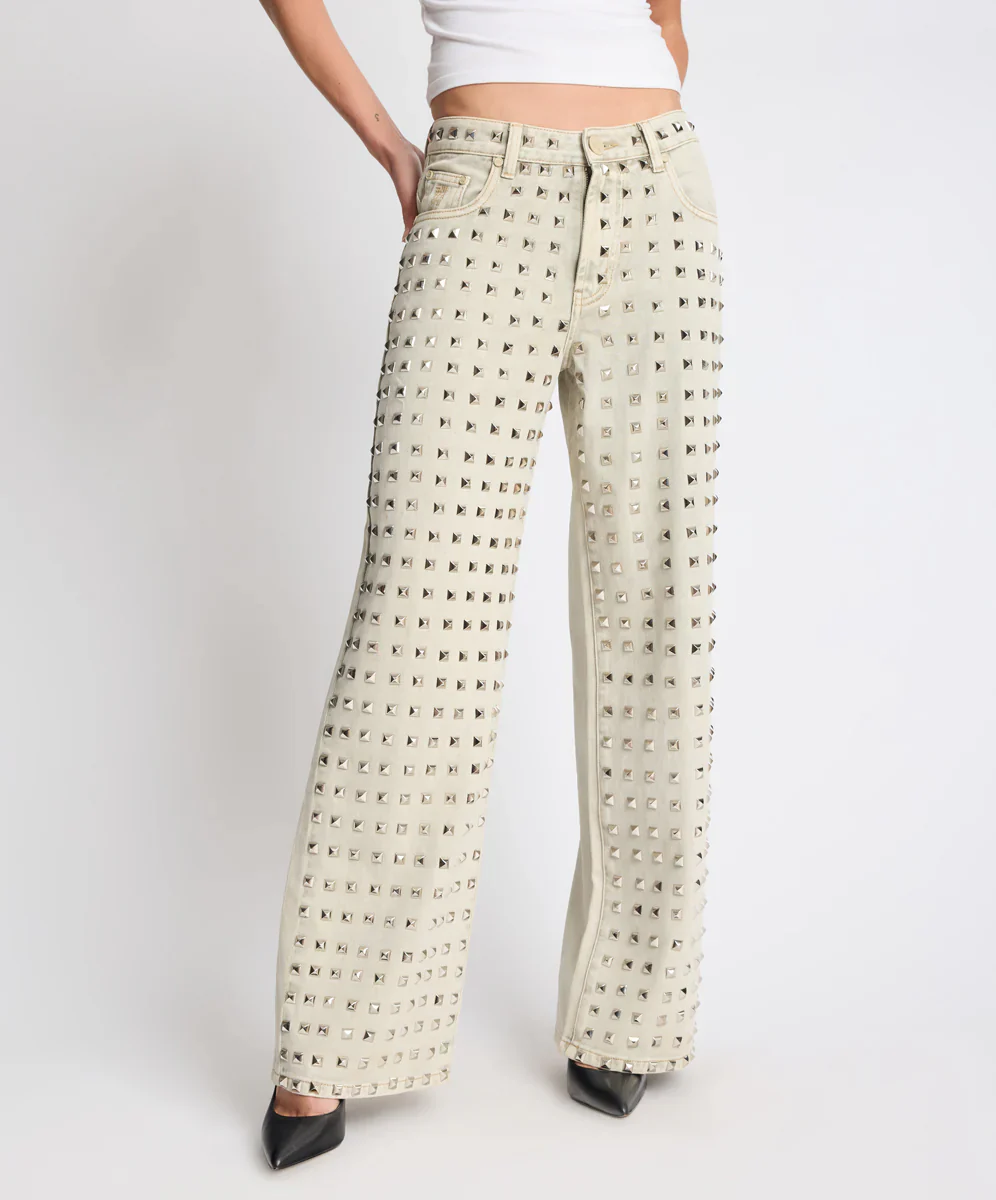 ONE TEASPOON Womens Jackson Mid Waist Wide Leg Studded Denim Jeans in Antique Khaki - Image 6