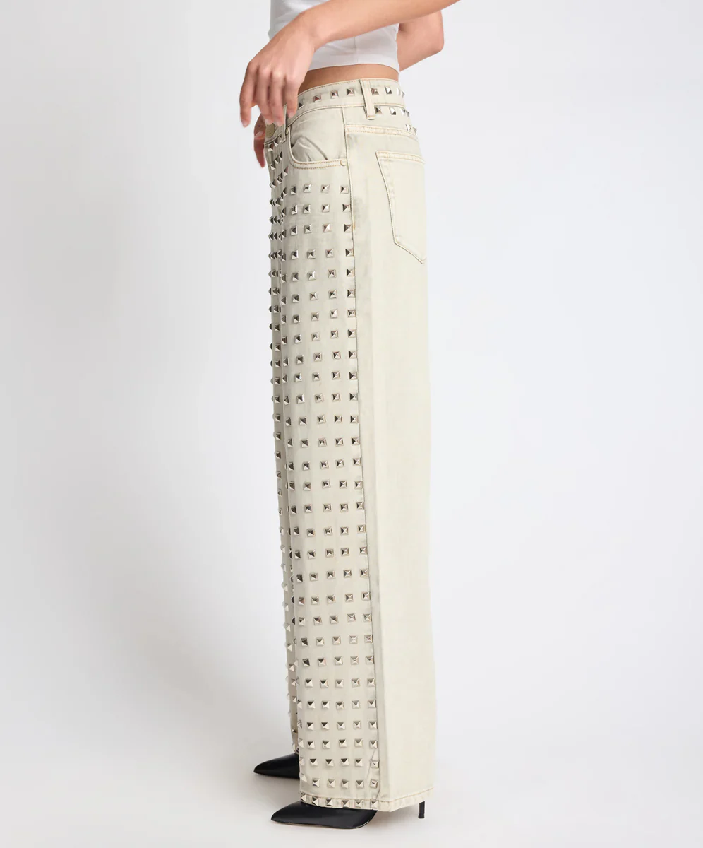ONE TEASPOON Womens Jackson Mid Waist Wide Leg Studded Denim Jeans in Antique Khaki - Image 7
