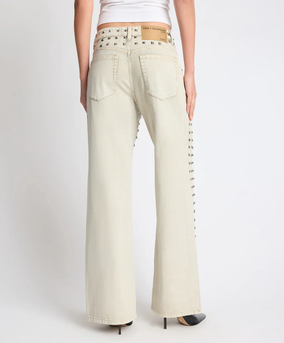 ONE TEASPOON Womens Jackson Mid Waist Wide Leg Studded Denim Jeans in Antique Khaki - Image 8