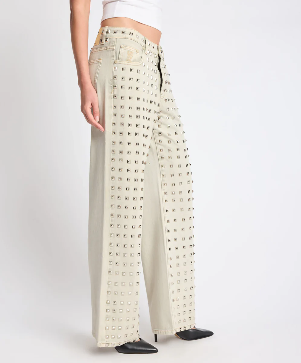 ONE TEASPOON Womens Jackson Mid Waist Wide Leg Studded Denim Jeans in Antique Khaki - Image 9
