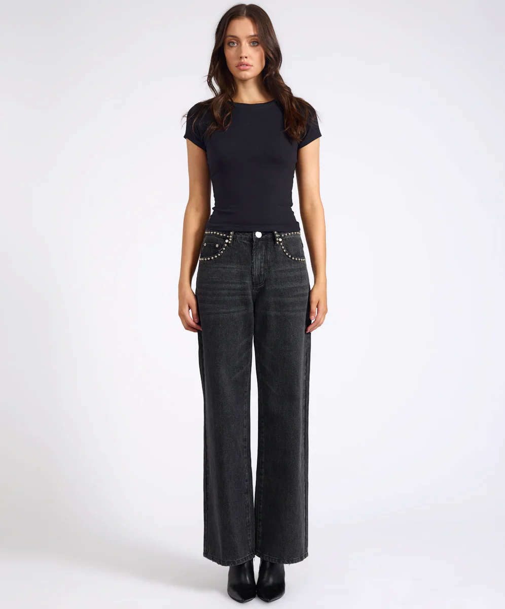 ONE TEASPOON Womens Jackson Mid Waist Wide Leg Studded Denim Jeans in Black - Image 2