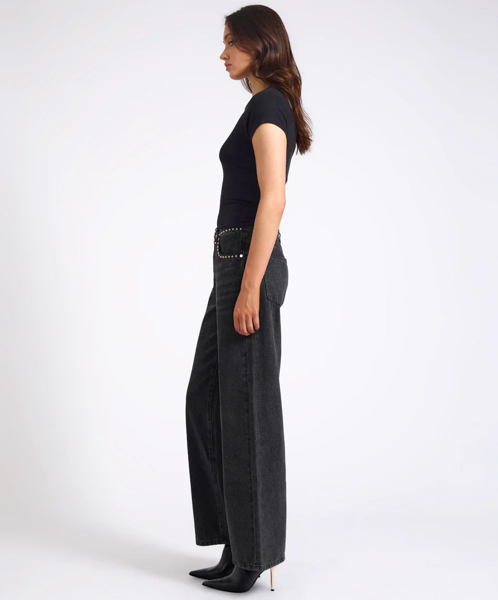 ONE TEASPOON Womens Jackson Mid Waist Wide Leg Studded Denim Jeans in Black - Image 5