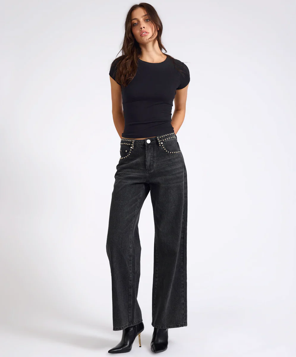 ONE TEASPOON Womens Jackson Mid Waist Wide Leg Studded Denim Jeans in Black - Image 7