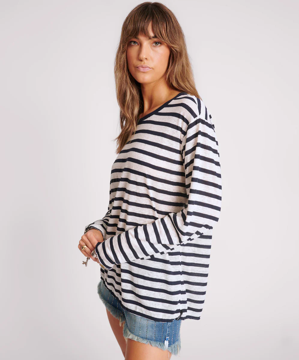 ONE TEASPOON Womens LInen Yarn Dye Stripe Longsleeve Boyfriend Tee - Blue & White - Image 2
