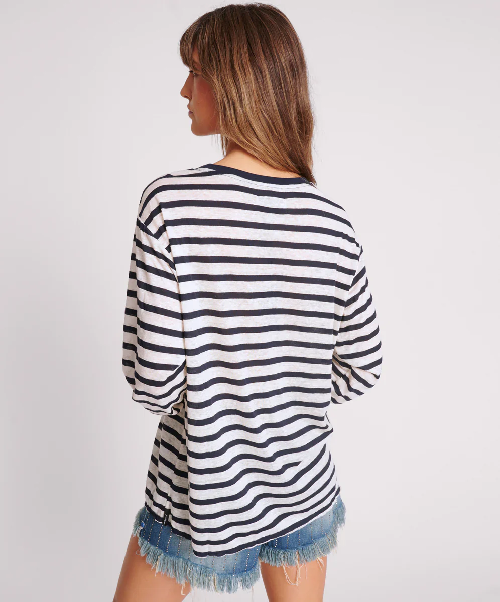 ONE TEASPOON Womens LInen Yarn Dye Stripe Longsleeve Boyfriend Tee - Blue & White - Image 3