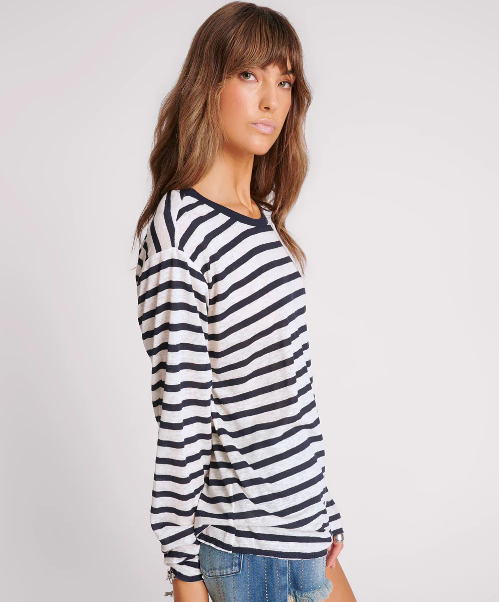 ONE TEASPOON Womens LInen Yarn Dye Stripe Longsleeve Boyfriend Tee - Blue & White - Image 4