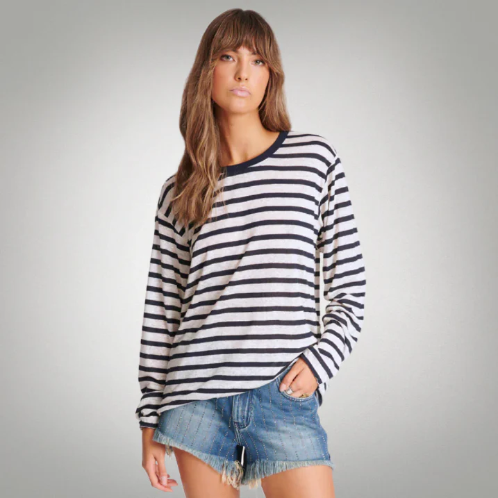 ONE TEASPOON Womens LInen Yarn Dye Stripe Longsleeve Boyfriend Tee - Blue & White - Image 5