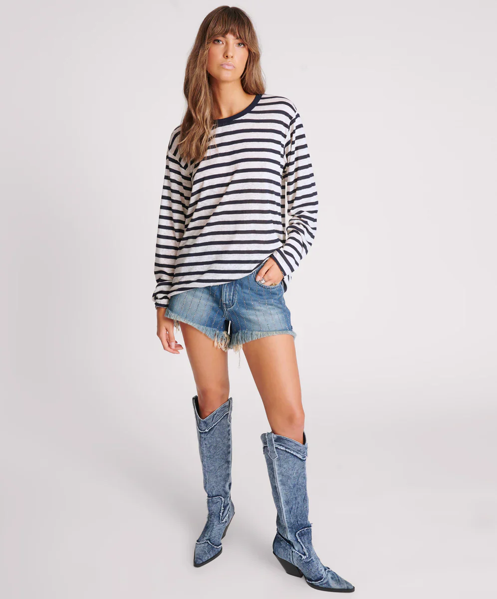 ONE TEASPOON Womens LInen Yarn Dye Stripe Longsleeve Boyfriend Tee - Blue & White - Image 6