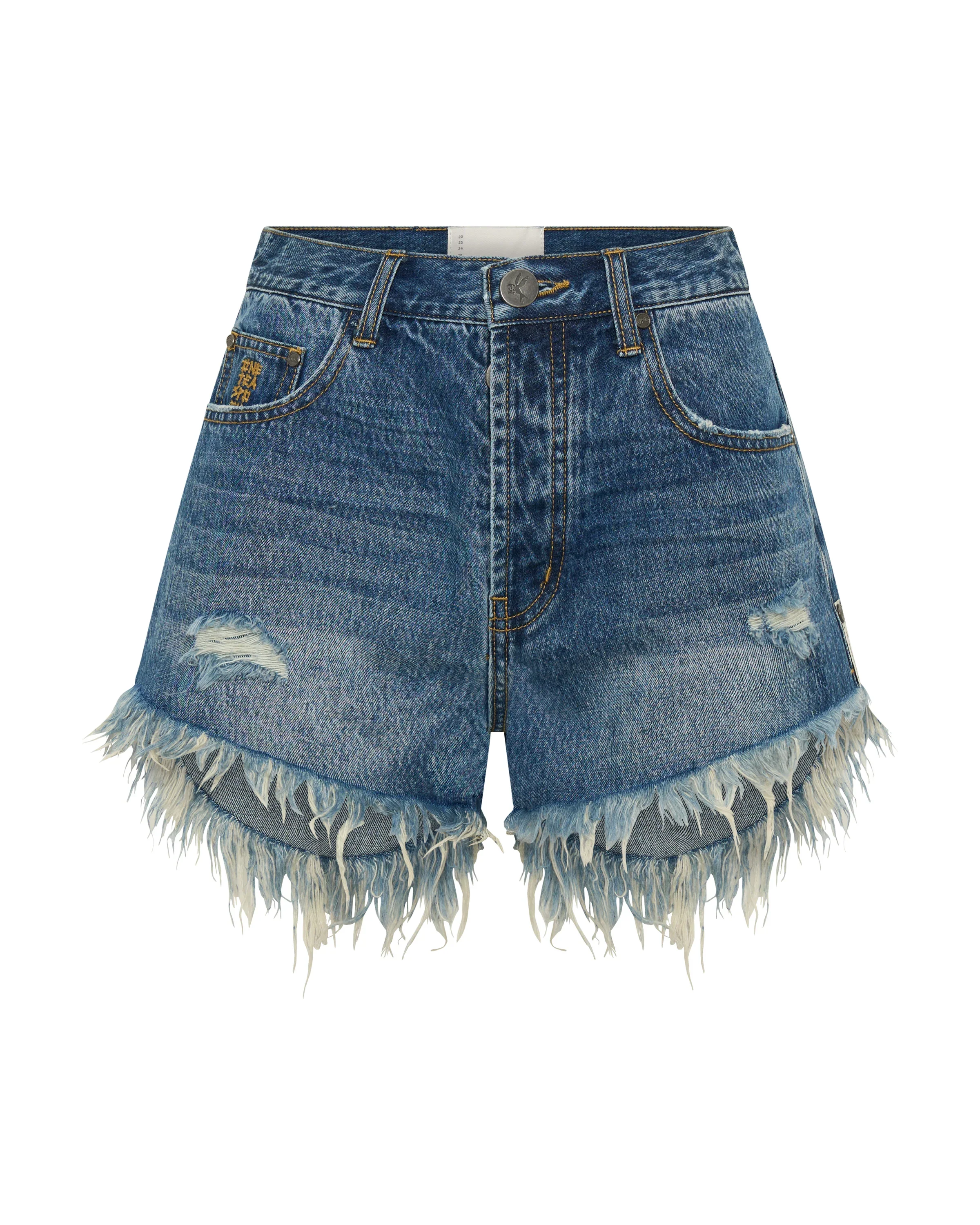ONE TEASPOON Womens Outlaws Mid Waist Mid Length Denim Shorts in Blue Love - Image 15