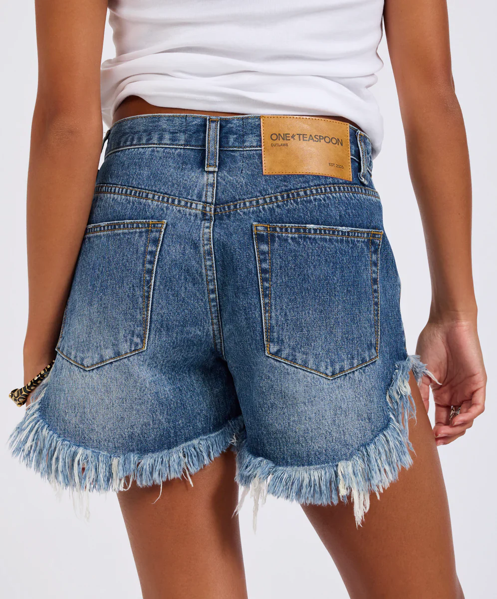 ONE TEASPOON Womens Outlaws Mid Waist Mid Length Denim Shorts in Blue Love - Image 3