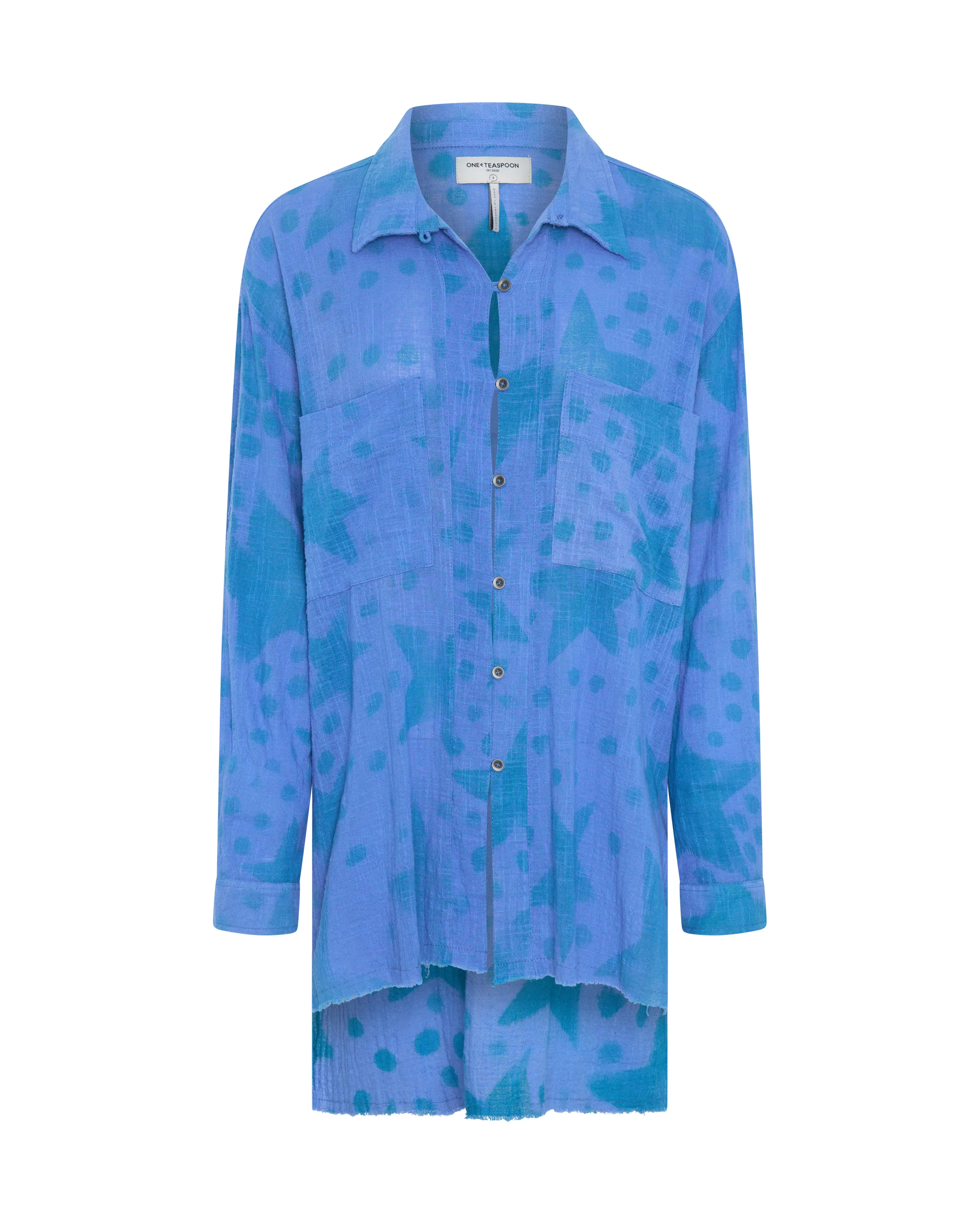 ONE TEASPOON Womens Polka Star Muslin Longline Shirt - Blue - Image 4