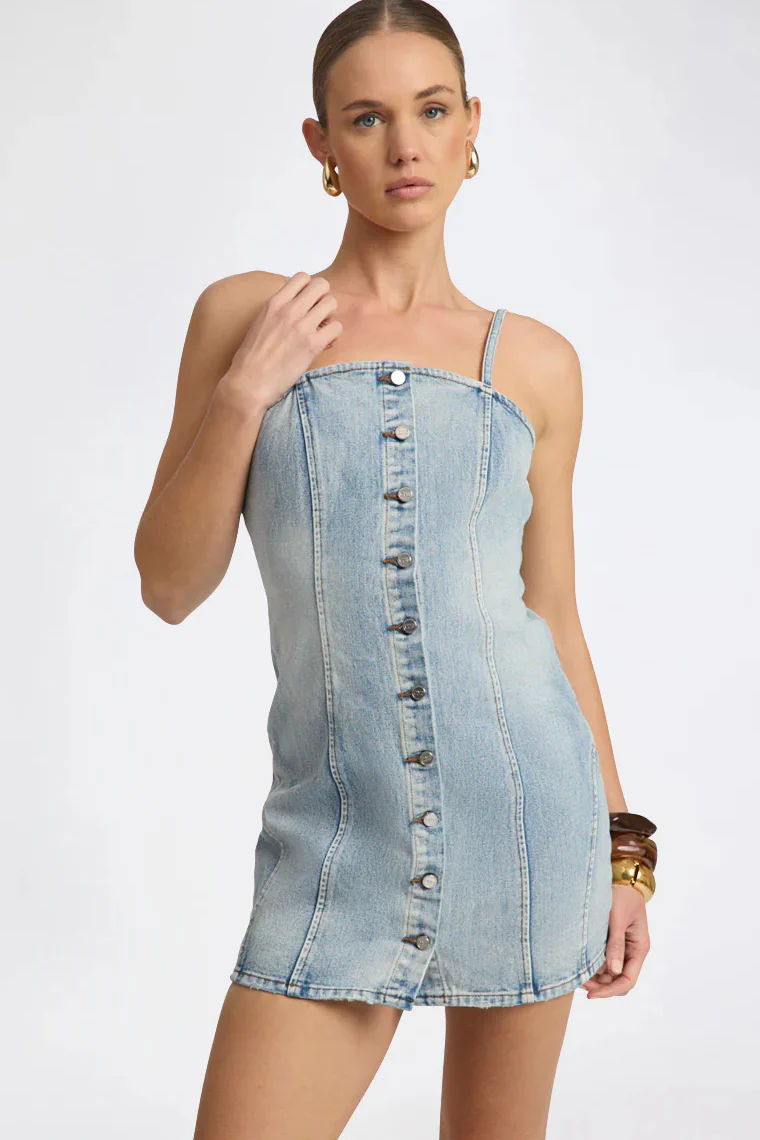 ONE TEASPOON Womens Riviera Fitted Strappy Mini Denim Dress in Hendrixe Blue - Image 10