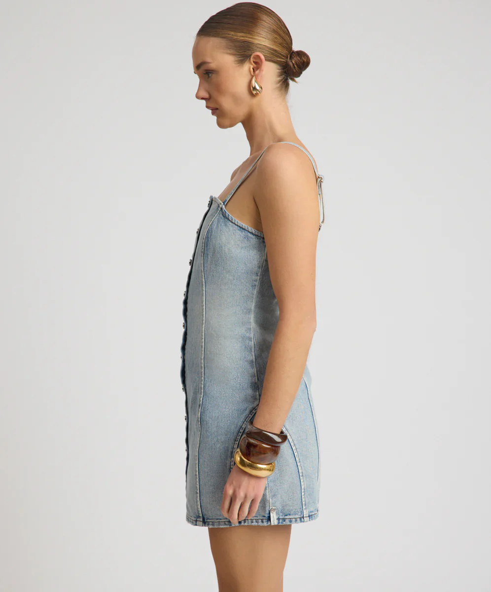 ONE TEASPOON Womens Riviera Fitted Strappy Mini Denim Dress in Hendrixe Blue - Image 4
