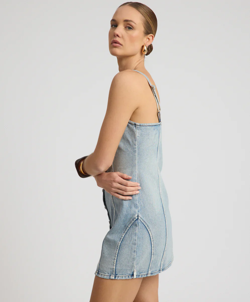 ONE TEASPOON Womens Riviera Fitted Strappy Mini Denim Dress in Hendrixe Blue - Image 5