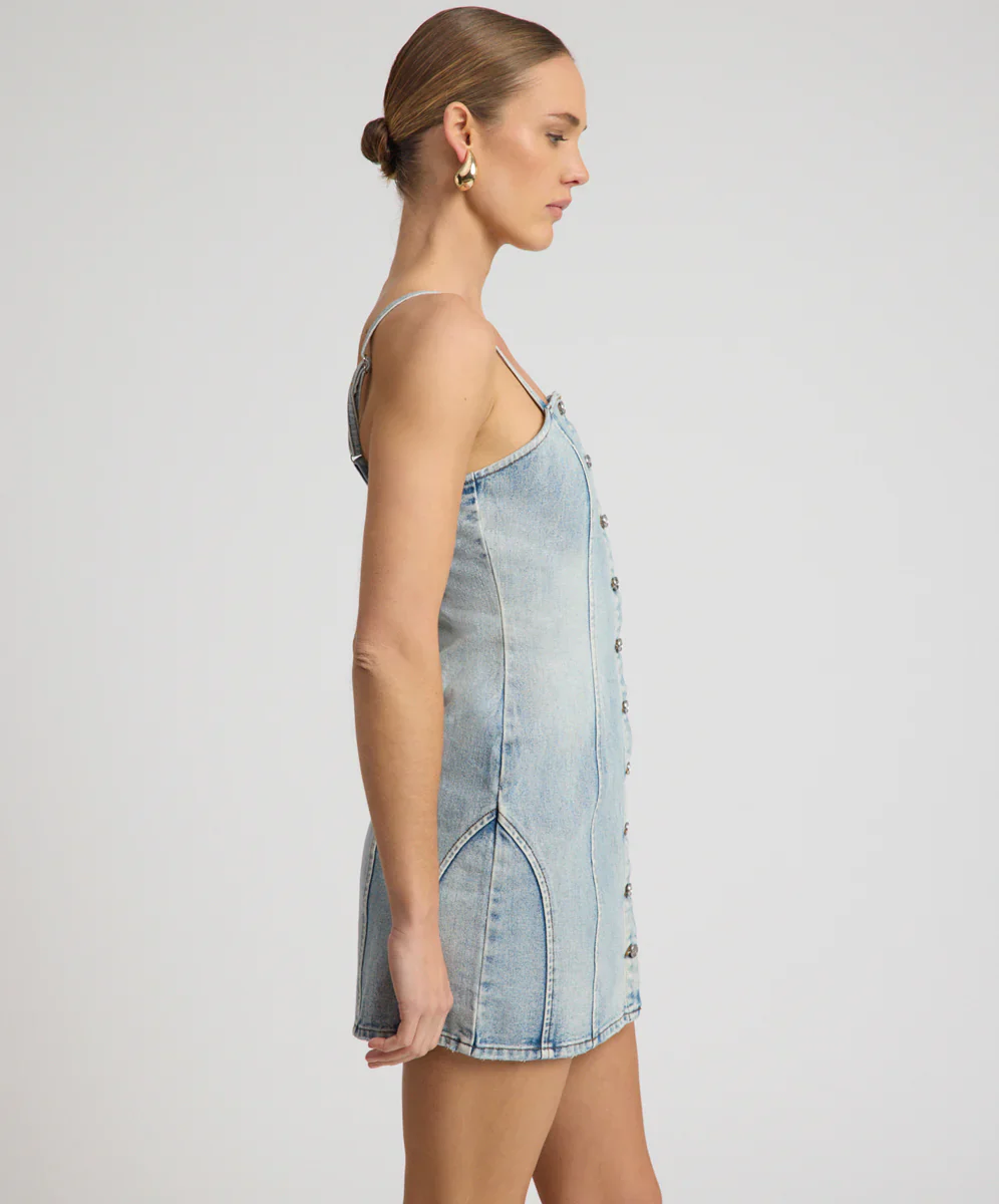 ONE TEASPOON Womens Riviera Fitted Strappy Mini Denim Dress in Hendrixe Blue - Image 6