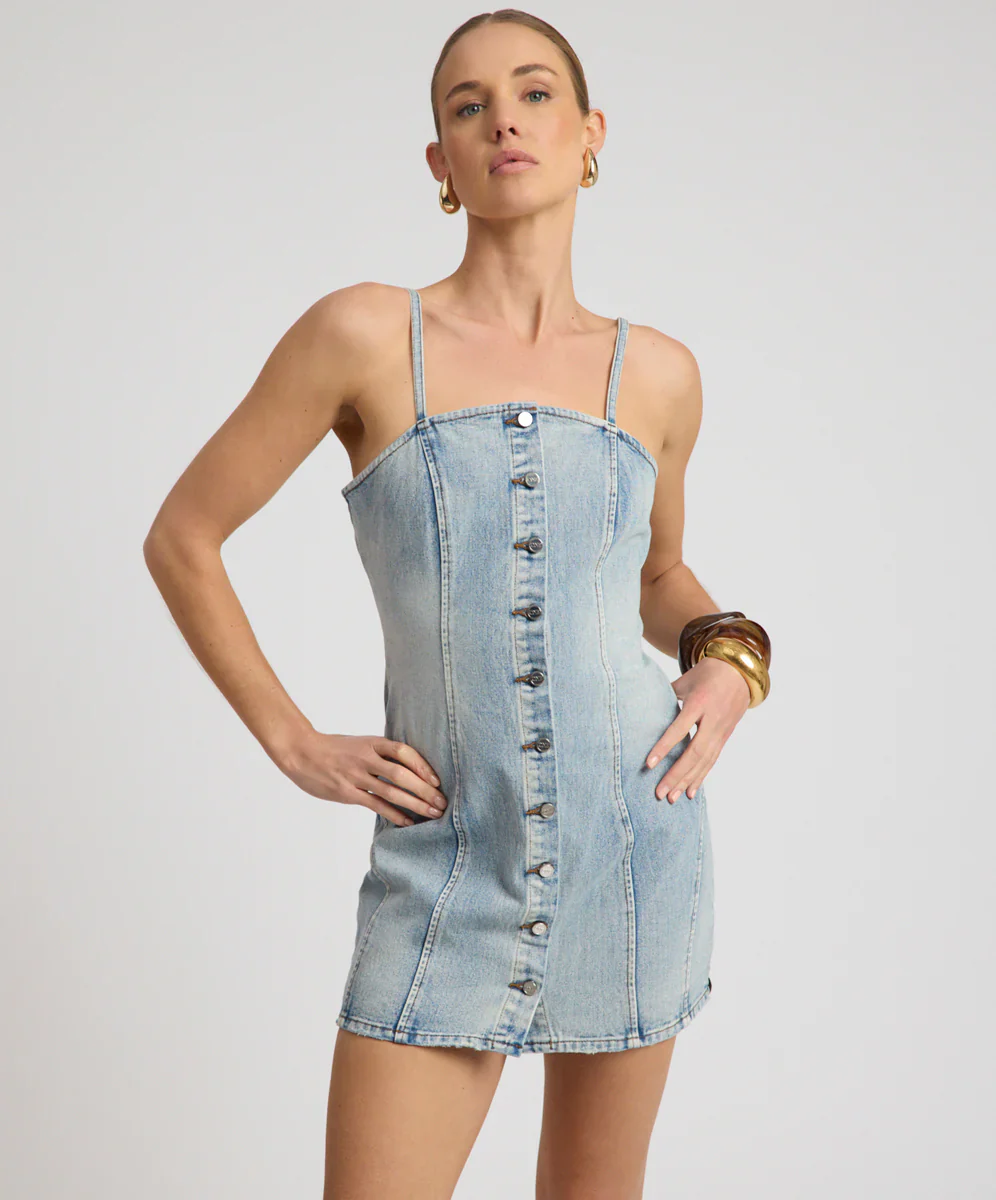 ONE TEASPOON Womens Riviera Fitted Strappy Mini Denim Dress in Hendrixe Blue - Image 7