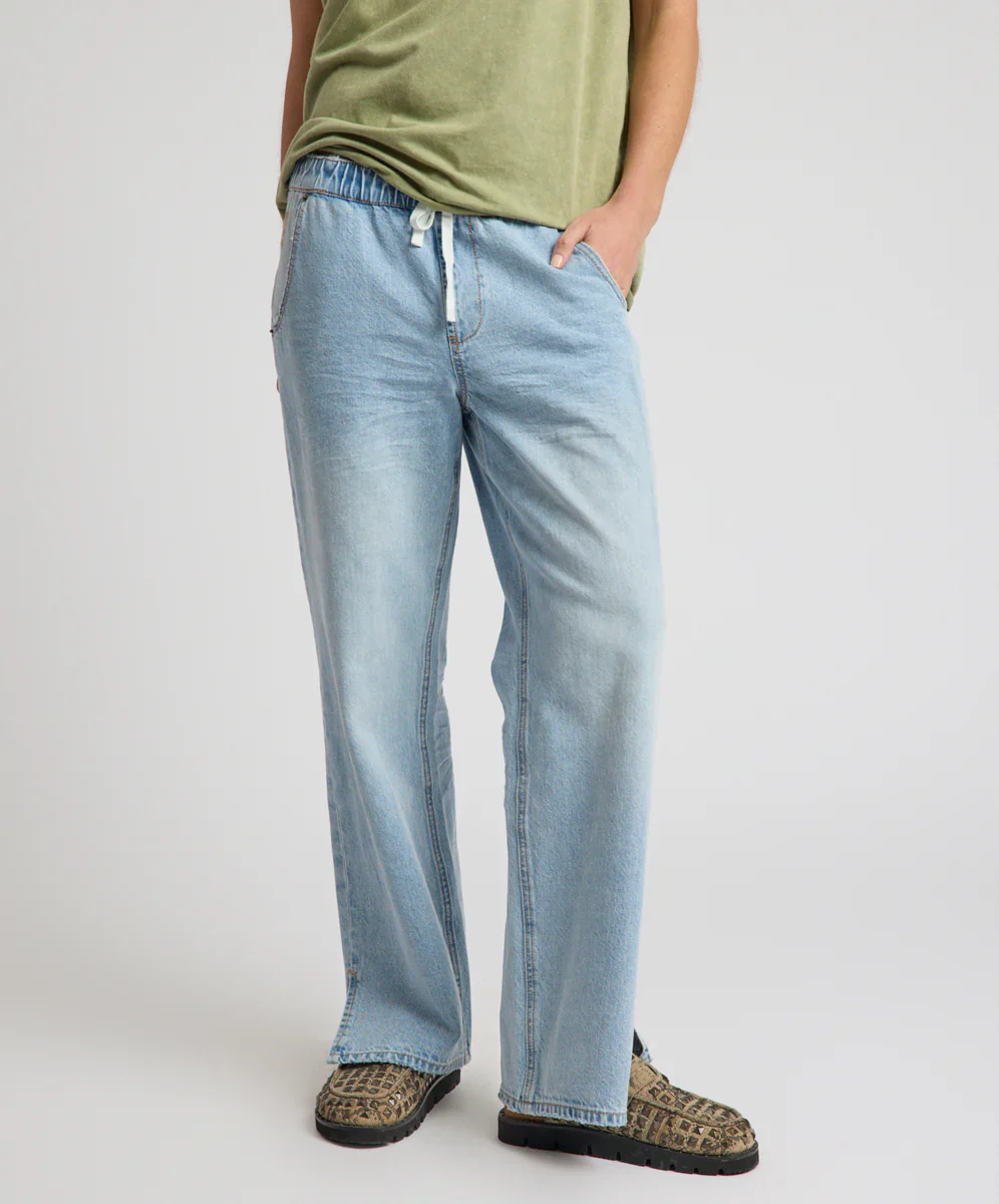 ONE TEASPOON Womens Roadhouse Mid Waist Drawstring Wide Leg Denim Jean in Riviera Blue - Image 4