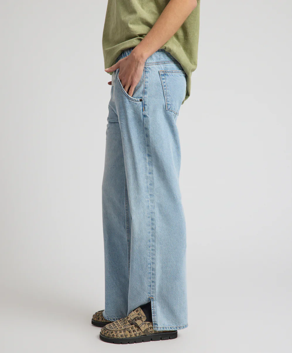 ONE TEASPOON Womens Roadhouse Mid Waist Drawstring Wide Leg Denim Jean in Riviera Blue - Image 5