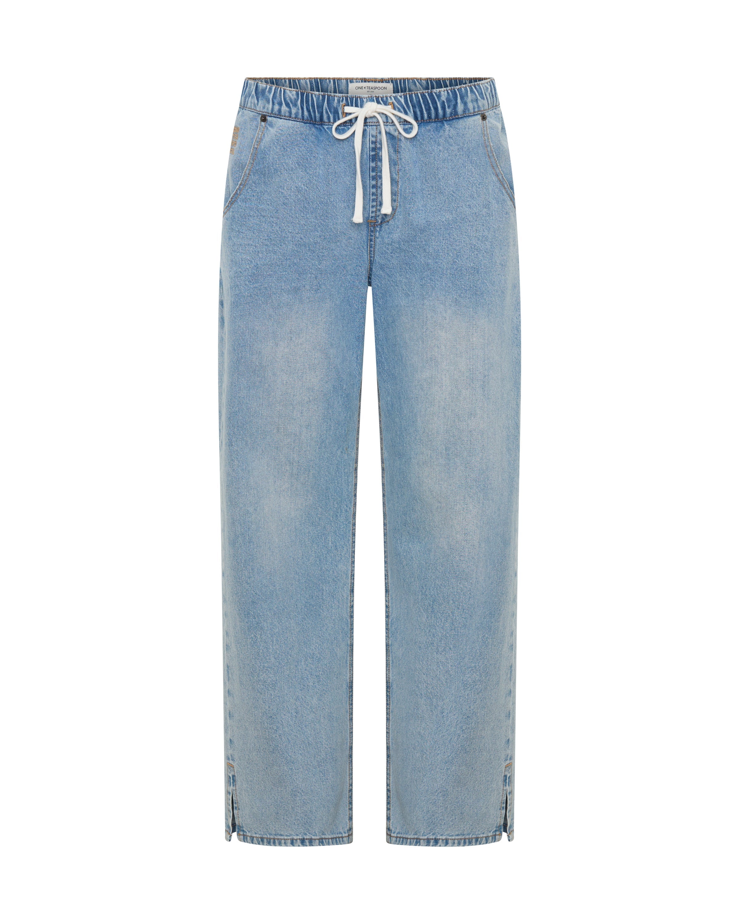 ONE TEASPOON Womens Roadhouse Mid Waist Drawstring Wide Leg Denim Jean in Riviera Blue - Image 9