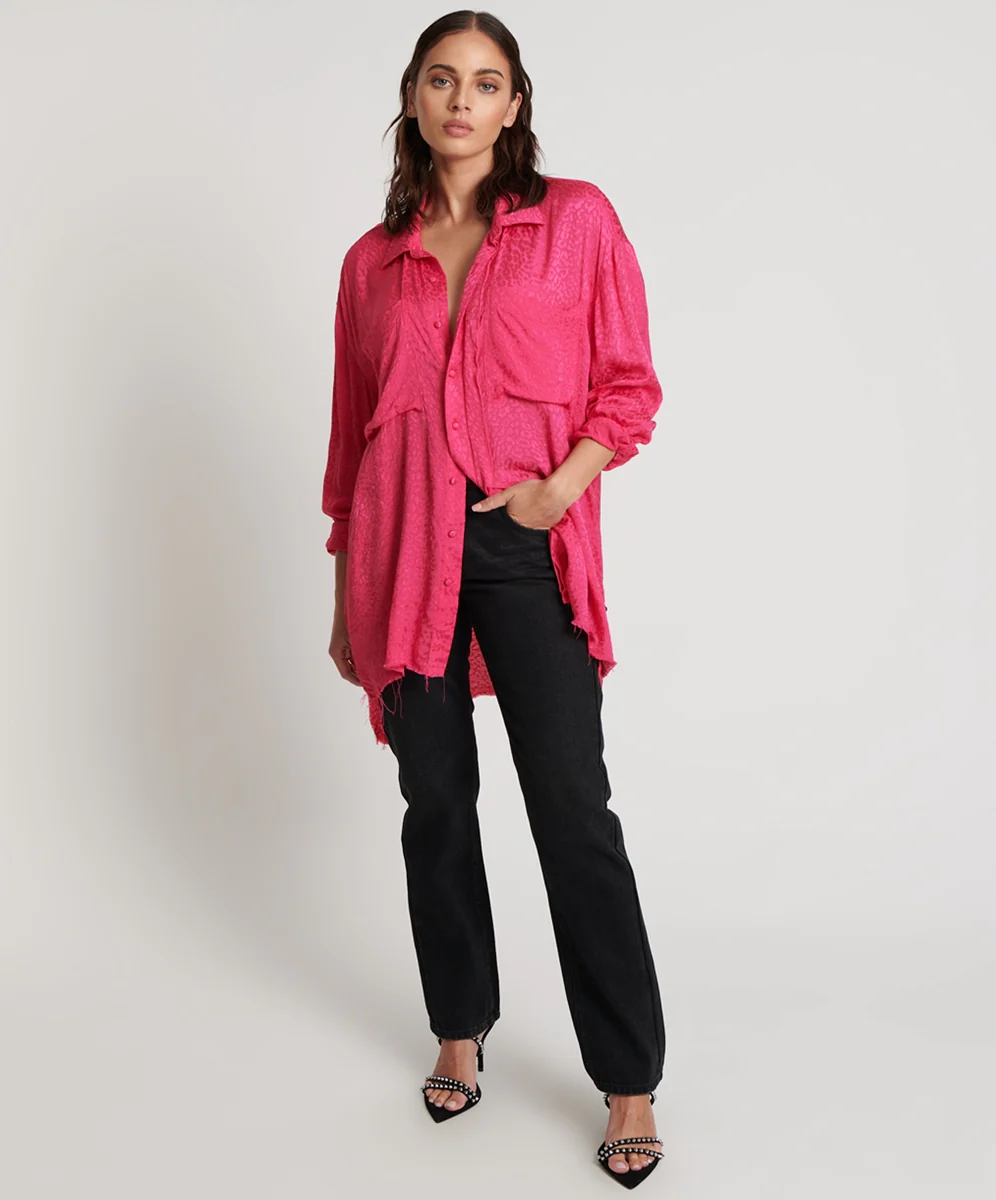 ONE TEASPOON Womens Shocking Pink Jacquard Longline Shirt - Image 2
