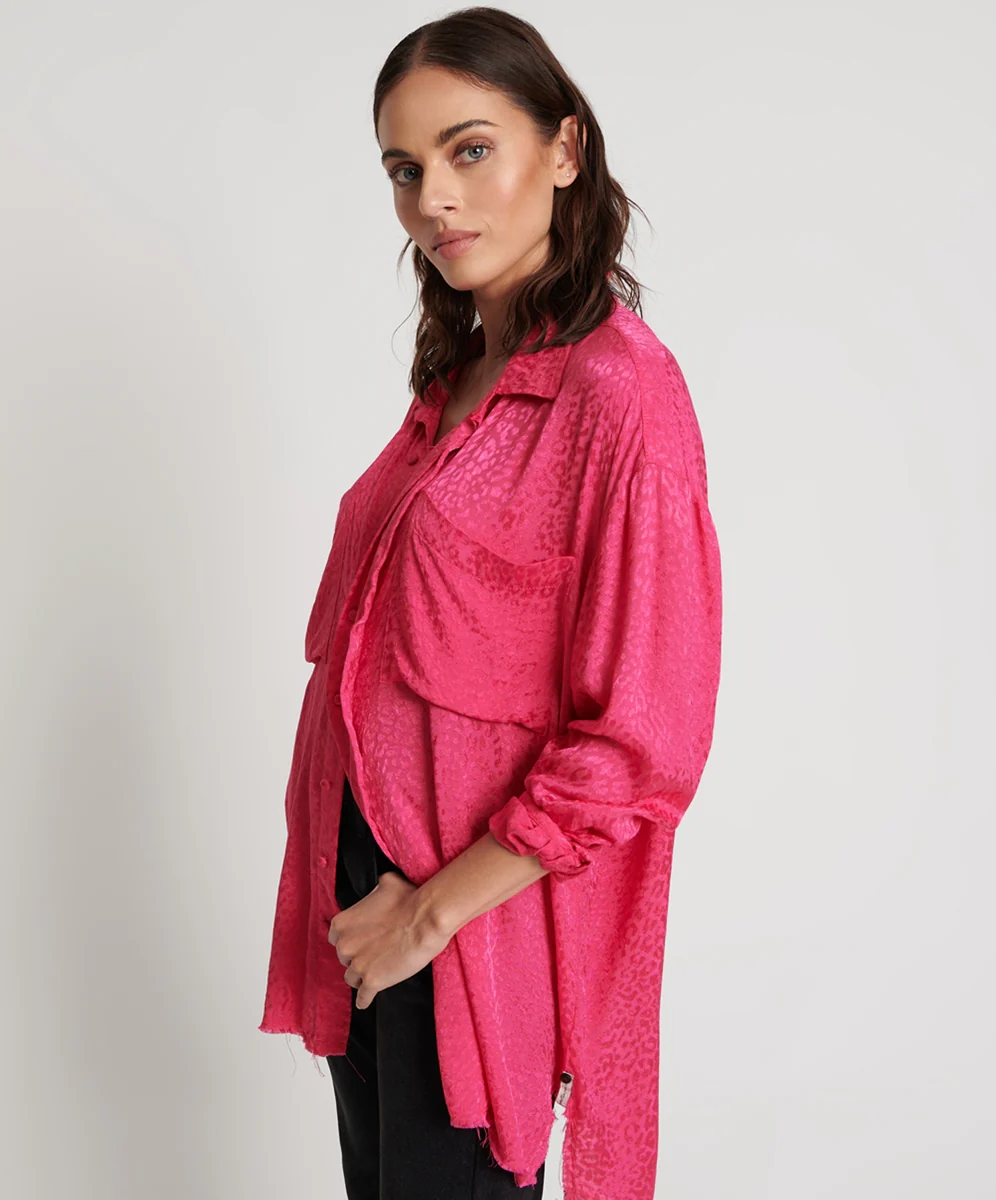 ONE TEASPOON Womens Shocking Pink Jacquard Longline Shirt - Image 3