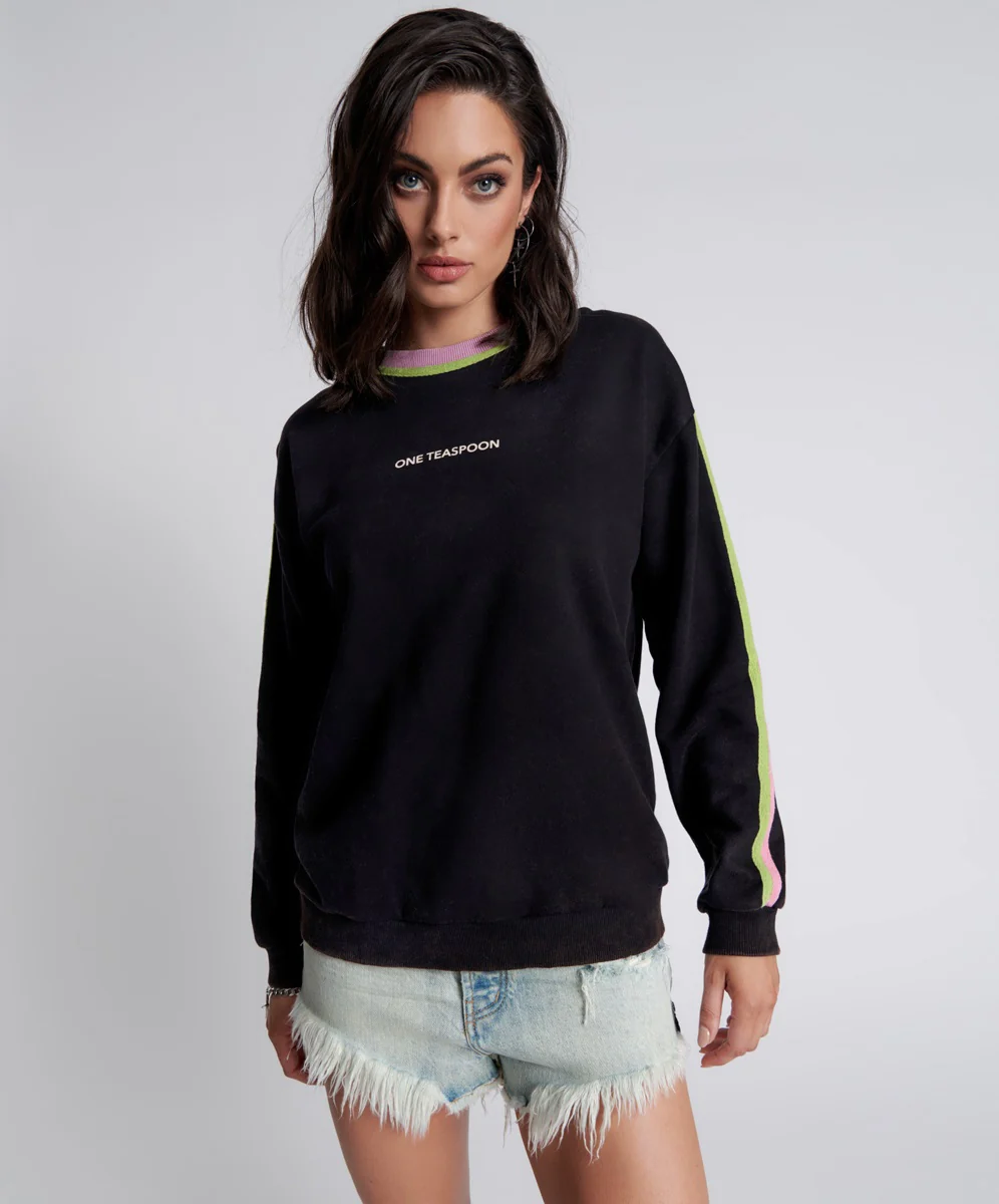 ONE TEASPOON Womens  So Sporty One Teaspoon Logo Sweater Black Acid - Image 3