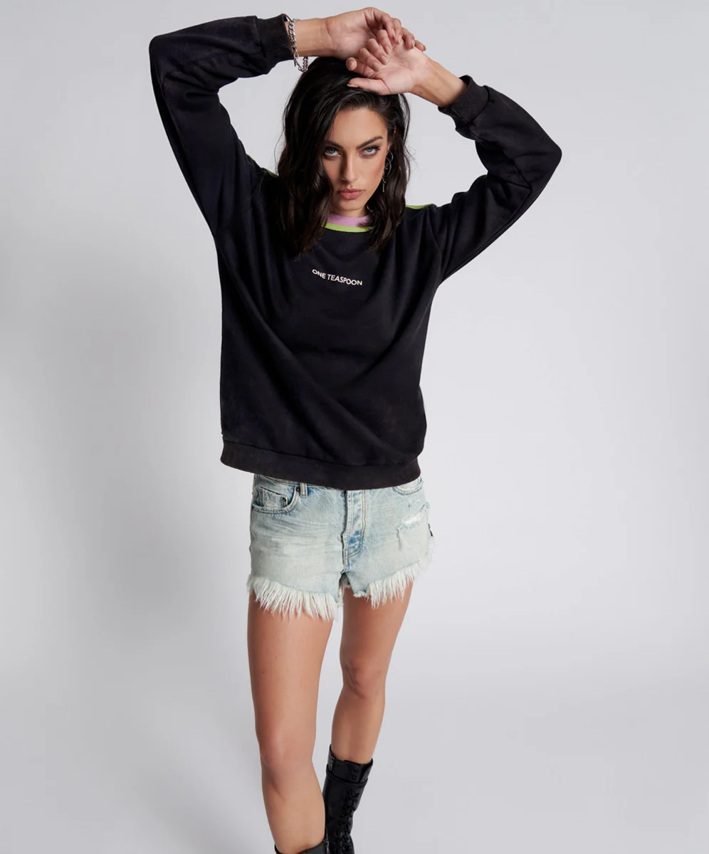 ONE TEASPOON Womens  So Sporty One Teaspoon Logo Sweater Black Acid - Image 6