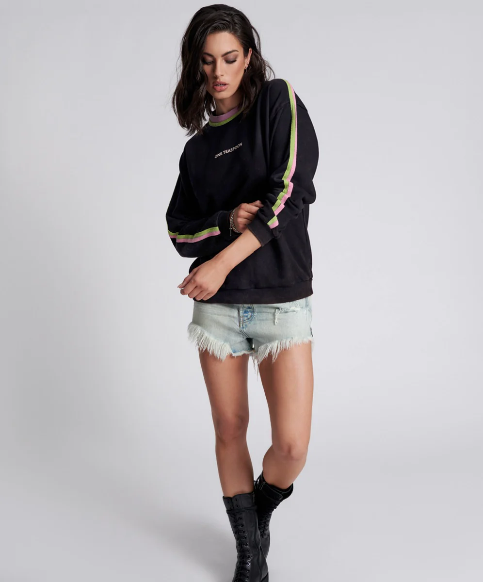 ONE TEASPOON Womens  So Sporty One Teaspoon Logo Sweater Black Acid - Image 7