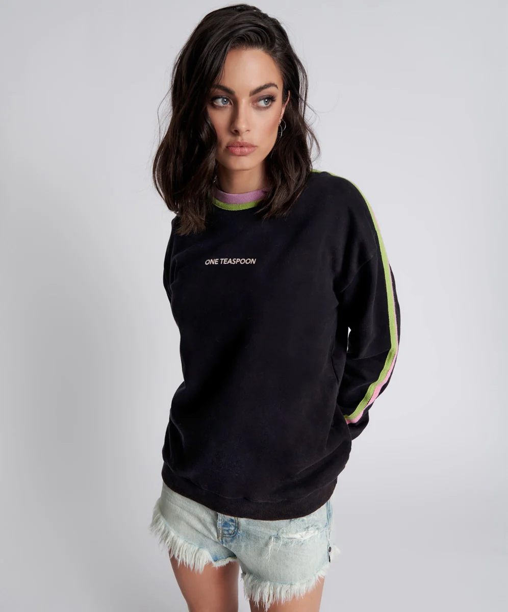ONE TEASPOON Womens  So Sporty One Teaspoon Logo Sweater Black Acid - Image 8