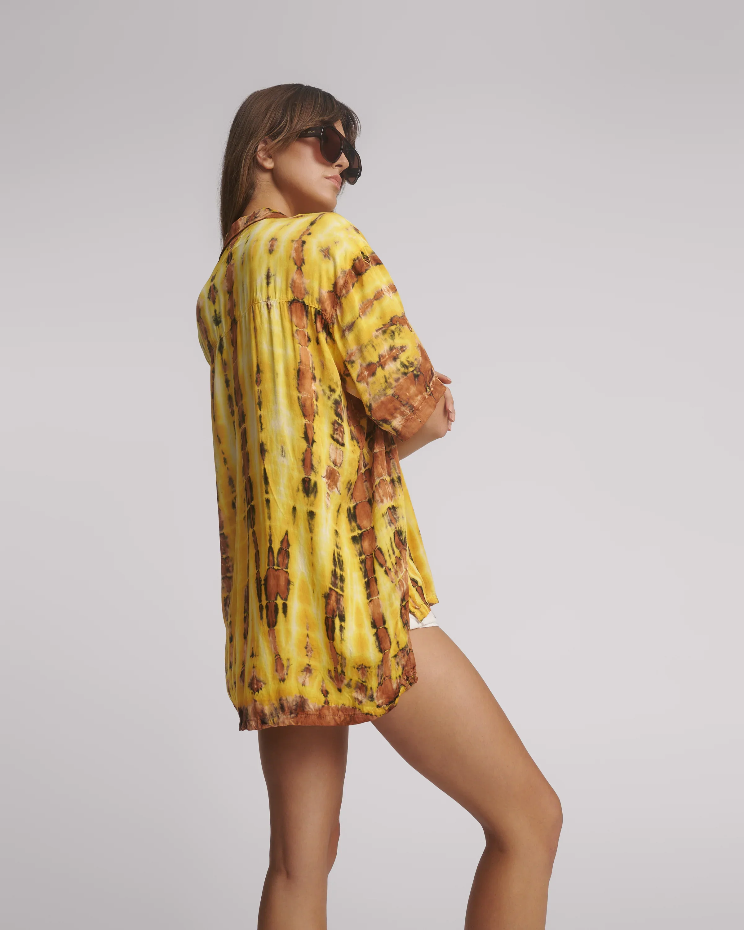ONE TEASPOON Womens Tropical Satin Hand Printed Short Sleeve Shirt - Yellow - Image 4