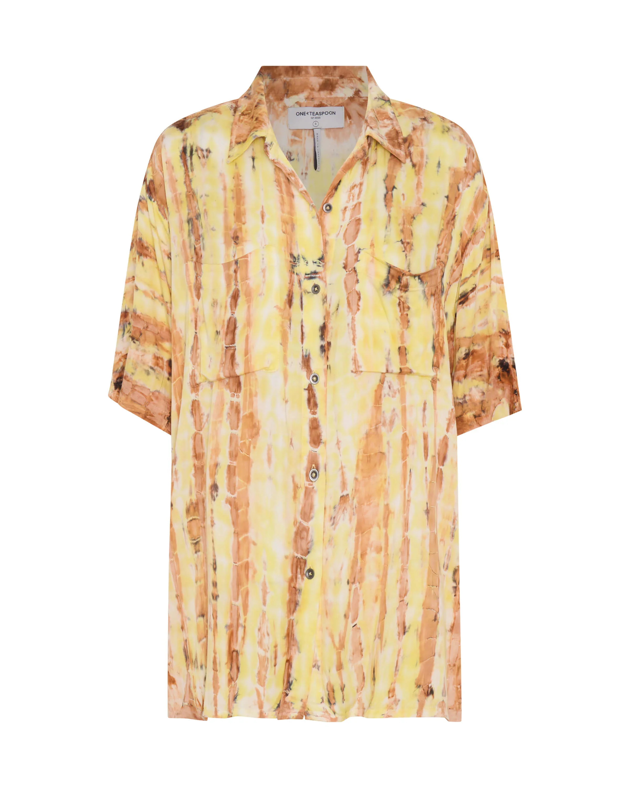 ONE TEASPOON Womens Tropical Satin Hand Printed Short Sleeve Shirt - Yellow - Image 7