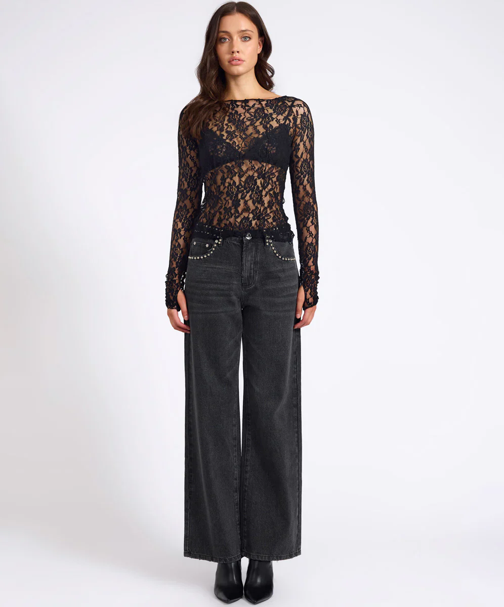 ONE TEASPOON Womens Wednesday Lace Long Sleeve Top in Black - Image 2