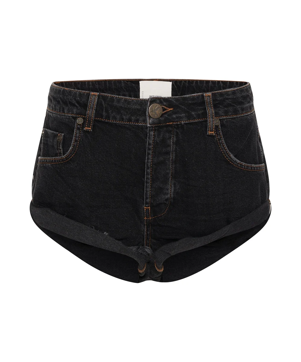 ONE TEASPOON Womens Worn Black Bandits Low Waist Recycled Denim Shorts - Image 4