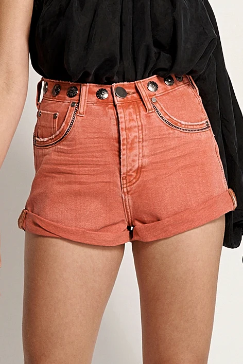 OneTeaspoon WOMENS CORAL STUDDED BANDITS HIGH WAIST DENIM SHORT - CORAL - Image 10