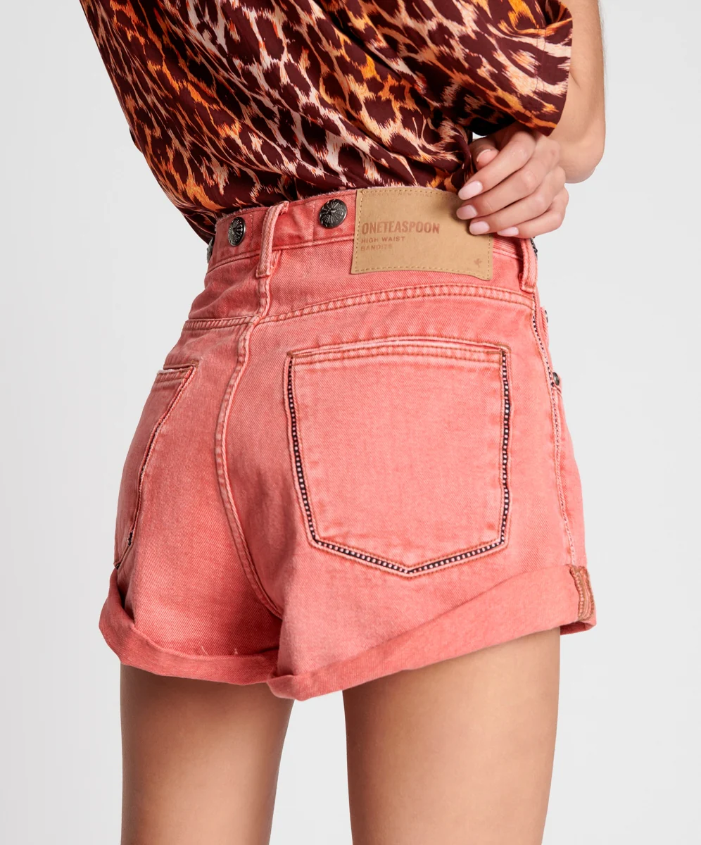 OneTeaspoon WOMENS CORAL STUDDED BANDITS HIGH WAIST DENIM SHORT - CORAL - Image 3
