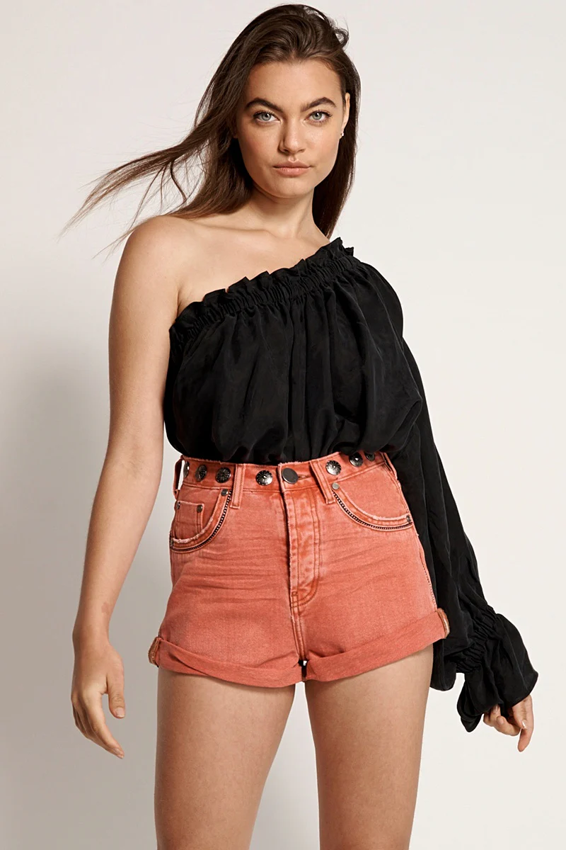 OneTeaspoon WOMENS CORAL STUDDED BANDITS HIGH WAIST DENIM SHORT - CORAL - Image 7
