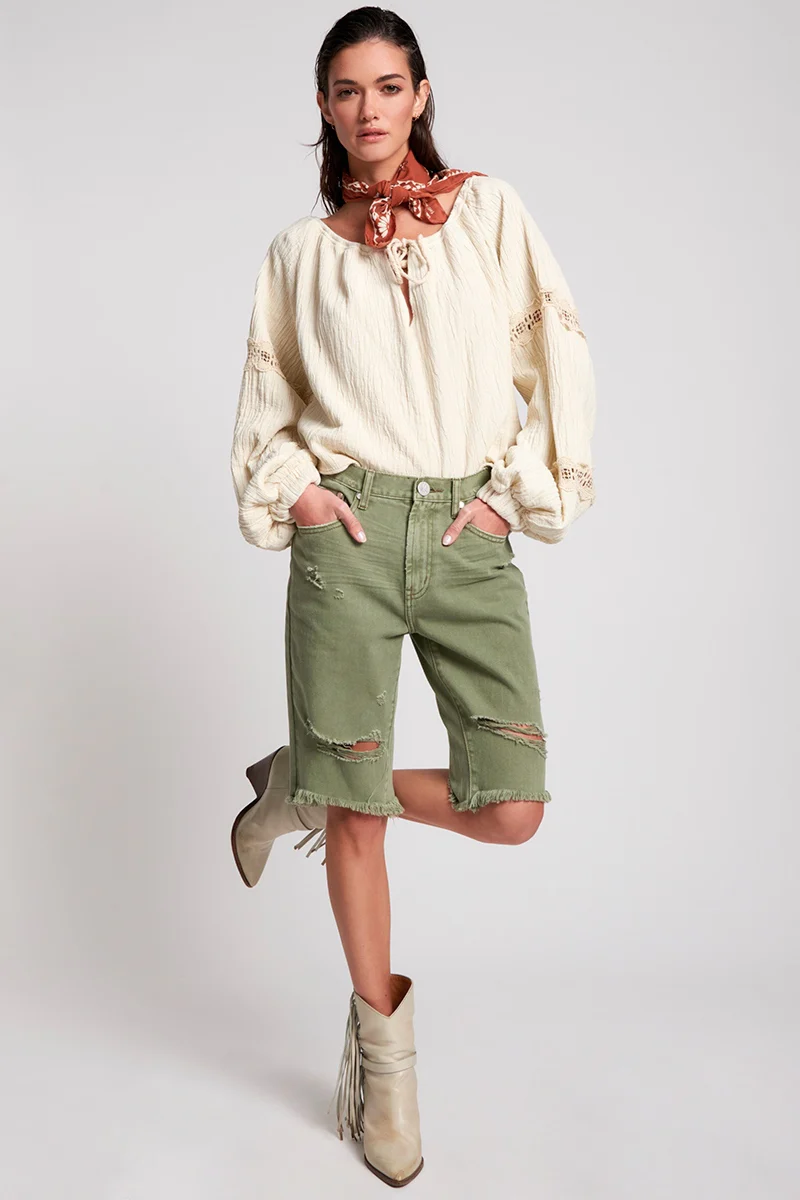 OneTeaspoon WOMENS SUPER KHAKI CUT OFF TRUCKERS MID WAIST LONG LENGTH SHORT - SUPER KHAKI - Image 6