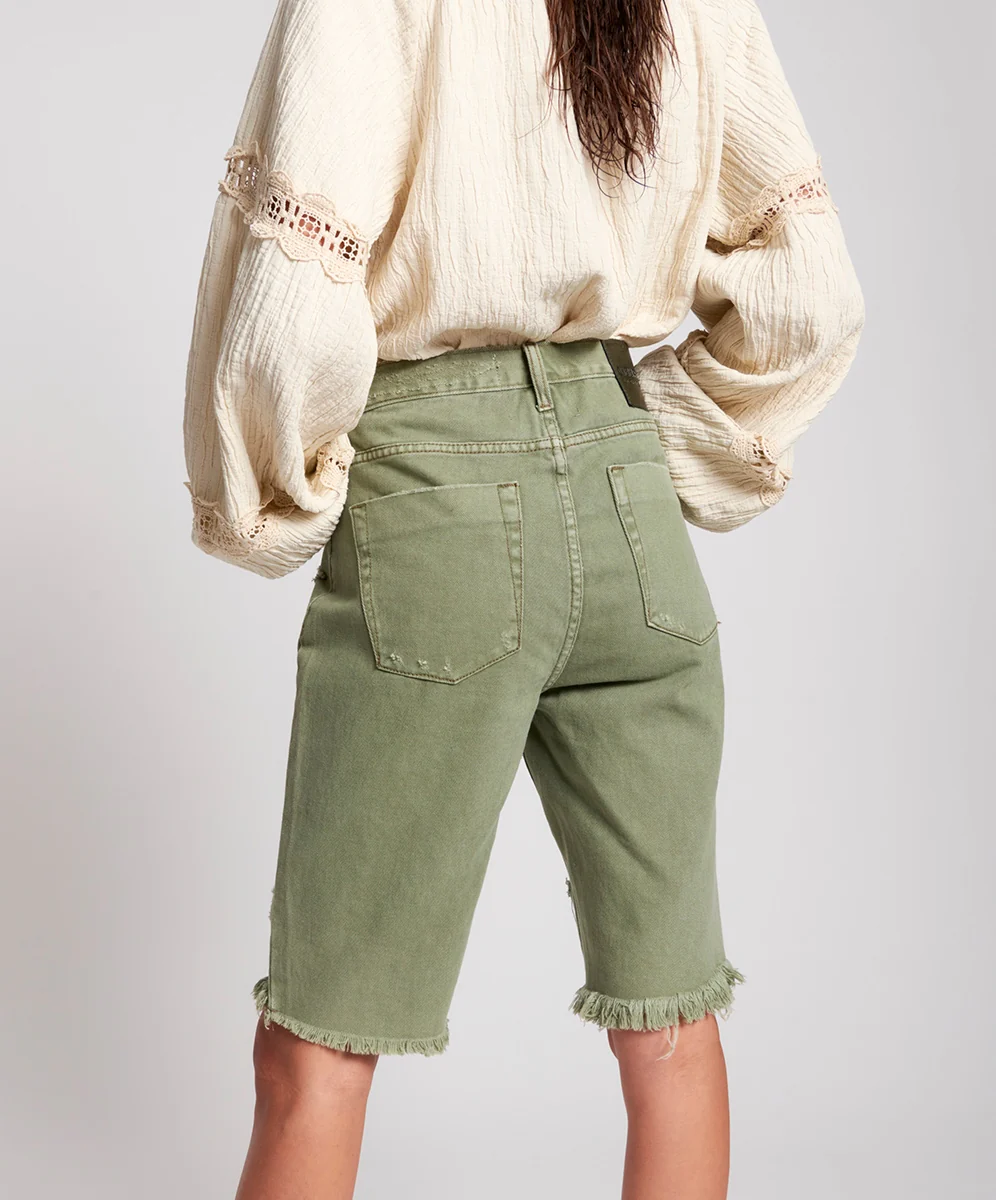OneTeaspoon WOMENS SUPER KHAKI CUT OFF TRUCKERS MID WAIST LONG LENGTH SHORT - SUPER KHAKI - Image 8