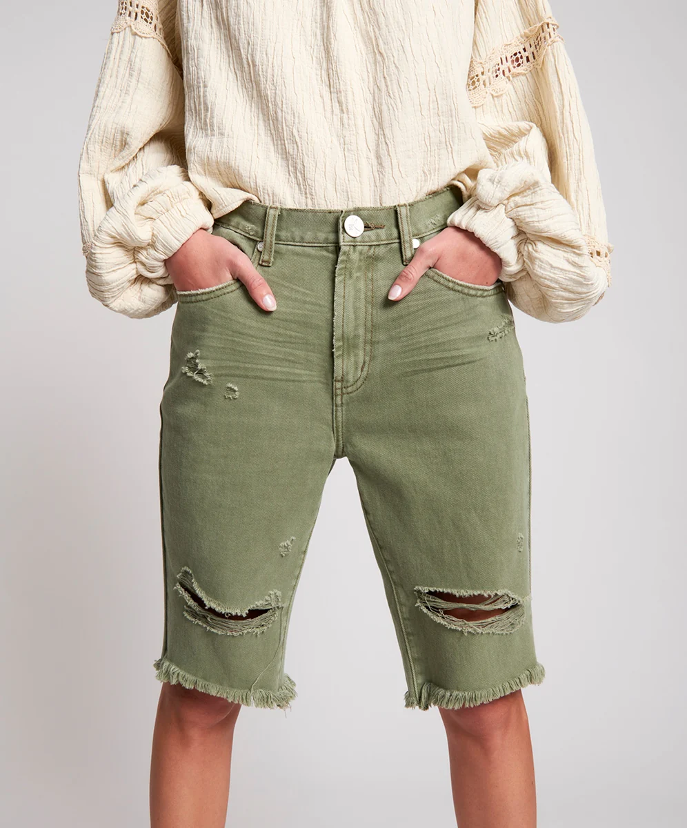 OneTeaspoon WOMENS SUPER KHAKI CUT OFF TRUCKERS MID WAIST LONG LENGTH SHORT - SUPER KHAKI - Image 9