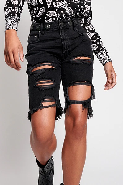 OneTeaspoon WOMENS WORN BLACK CONCHO CUT OFF TRUCKERS MID WAIST RELAX FIT DENIM SHORTS - Image 2
