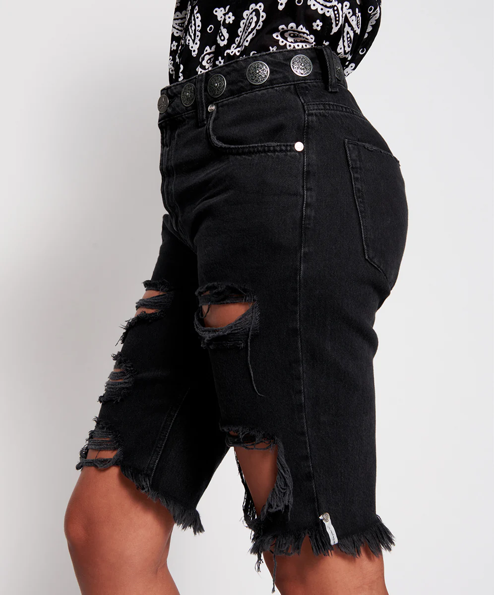 OneTeaspoon WOMENS WORN BLACK CONCHO CUT OFF TRUCKERS MID WAIST RELAX FIT DENIM SHORTS - Image 6