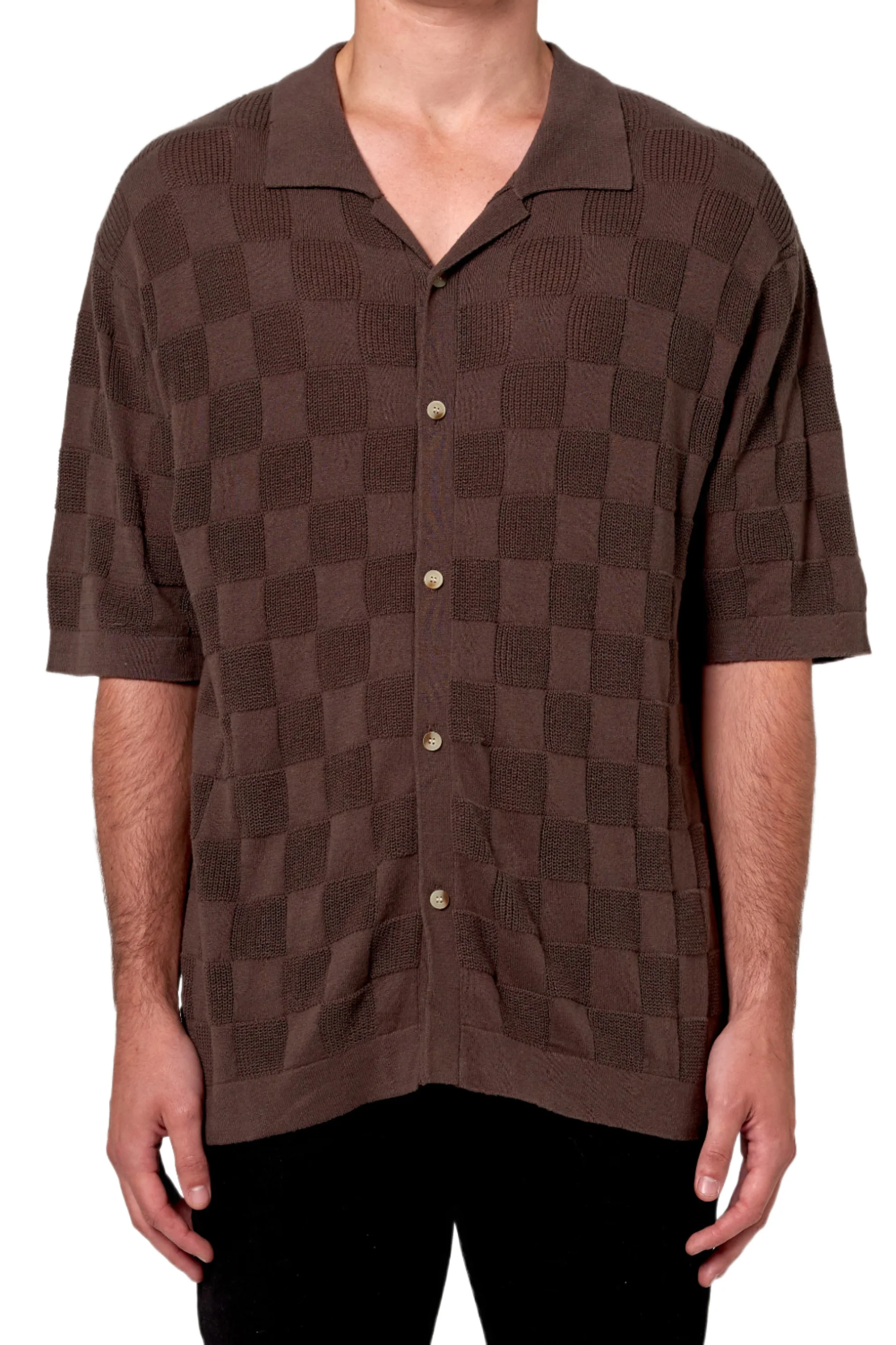ROLLAS Mens Checker Knit Short Sleeve Shirt - Brown