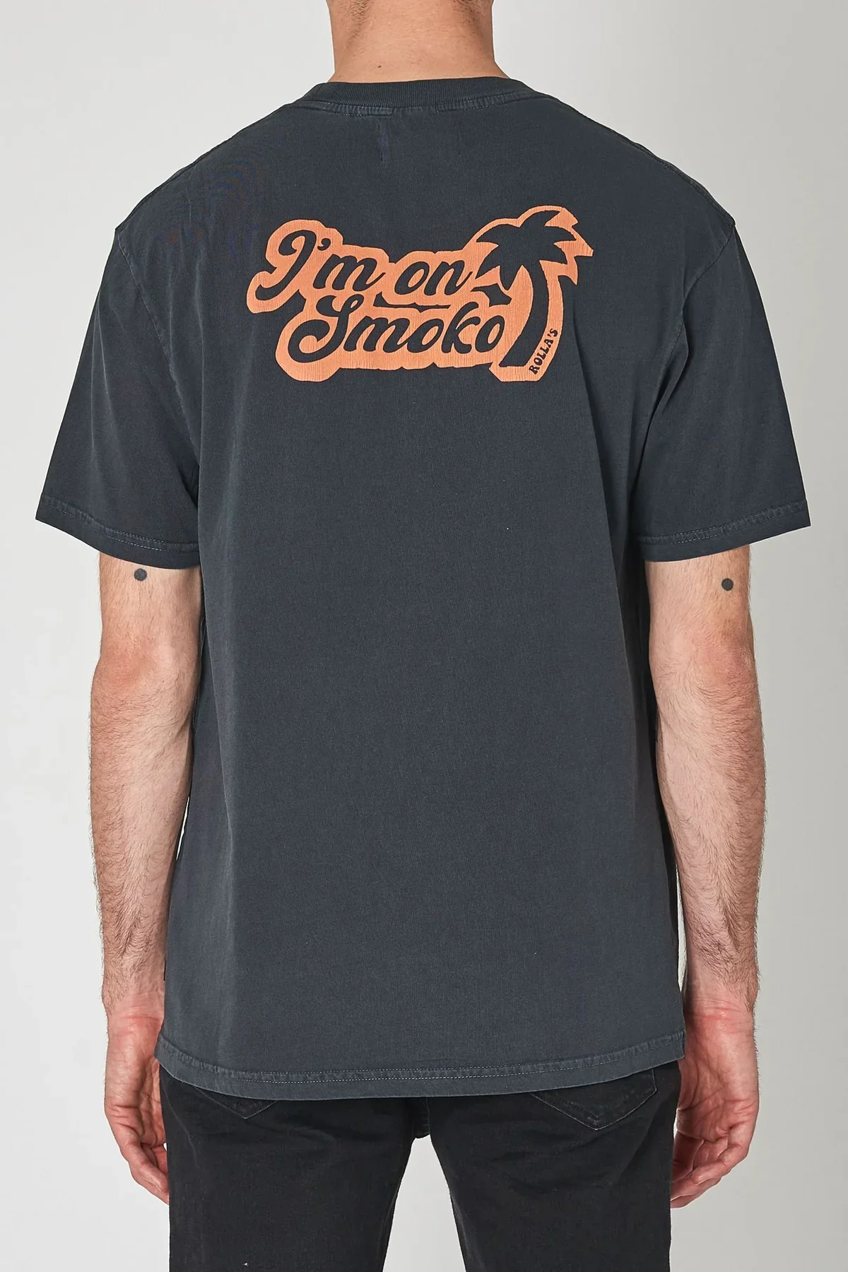 ROLLAS Mens I'm On Smoko Logo Tee Shirt Washed Black - Image 3